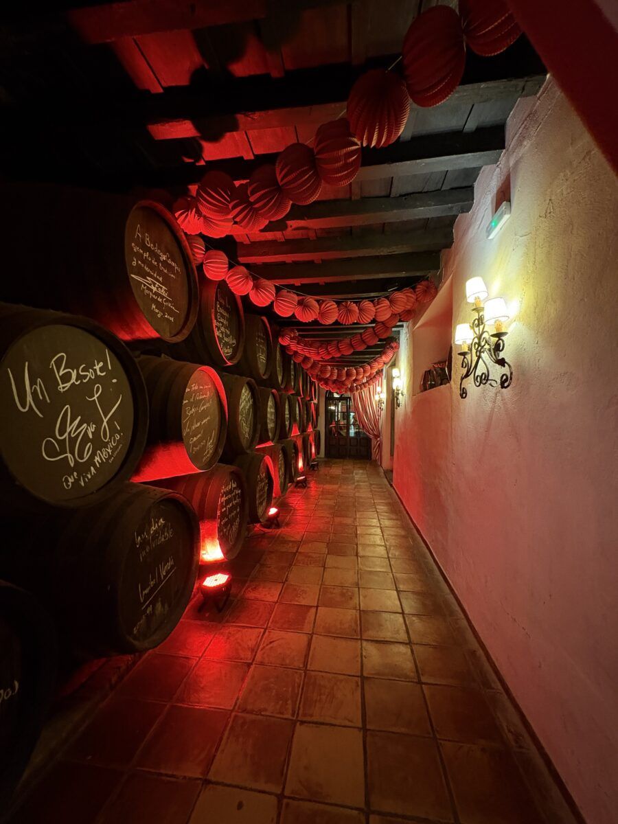Pasillo interior de una bodega tradicional iluminado con luces rojas y decorado con barriles de vino firmados.